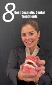 A smiling female dental professional holding a dental model toward the camera with the text 8 Best Cosmetic Dental Treatments displayed above against a black background.